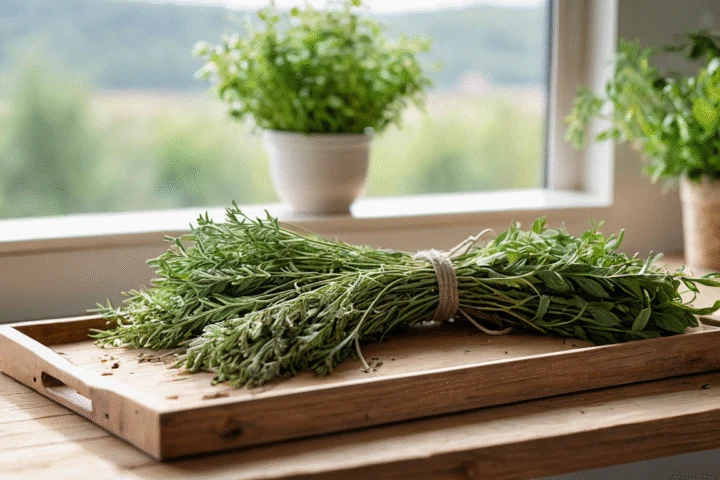 Frische grüne Kräuter im Garten bei Tageslicht — Beitragsbild zu „Ein Räucherbündel binden: Pflanzenwahl und Trocknung“