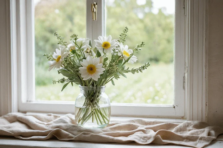 Frische Blüten und eine helle Kerze — Beitragsbild zu „Kerzen und ihre Farbsymbolik: Herkunft der Zuordnungen“