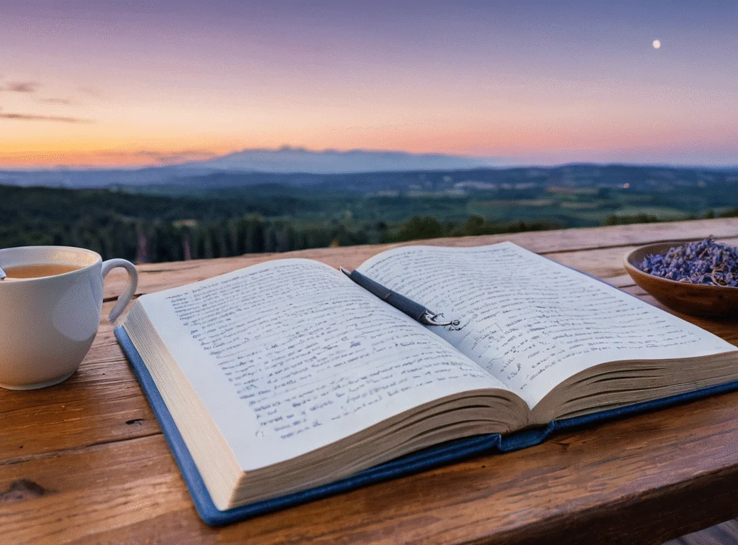 Der Mond am Abendhimmel über einer Landschaft — Beitragsbild zu „Mond-Journaling: Fragen für jede Phase“