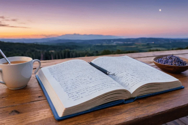 Der Mond am Abendhimmel über einer Landschaft — Beitragsbild zu „Mond-Journaling: Fragen für jede Phase“