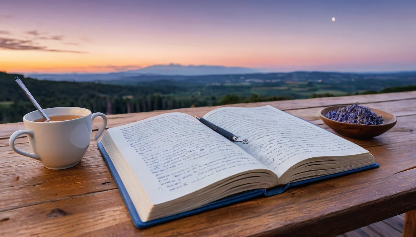 Der Mond am Abendhimmel über einer Landschaft — Beitragsbild zu „Mond-Journaling: Fragen für jede Phase“