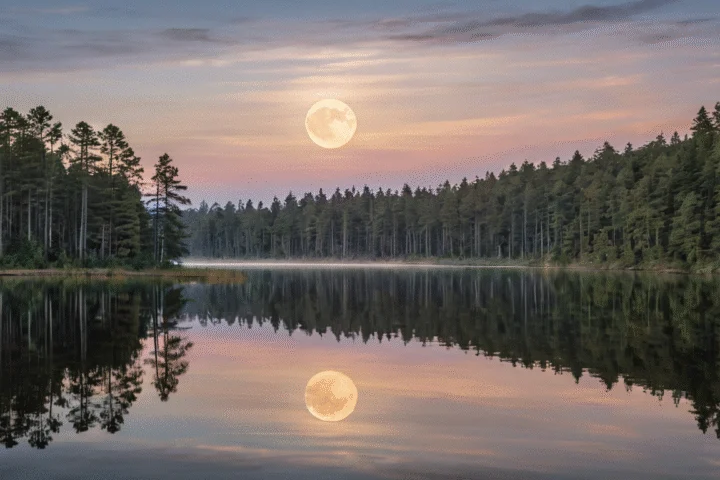 Der Mond am Abendhimmel über einer Landschaft — Beitragsbild zu „Mondphasen verstehen: Astronomie, Rhythmus und Deutungstradition“