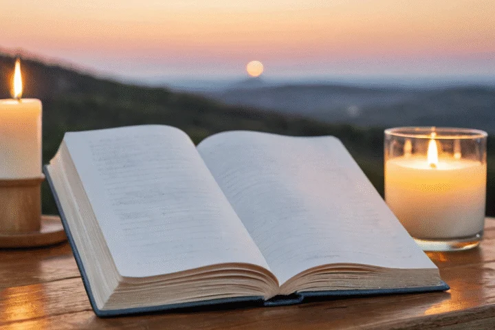 Der Mond am Abendhimmel über einer Landschaft — Beitragsbild zu „Neumond Journaling: Wie man mit dem Mond reflektiert“