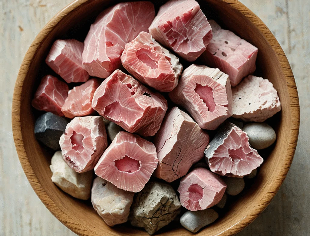 Unbearbeitete Kristalle im Tageslicht — Beitragsbild zu „Rhodonit“