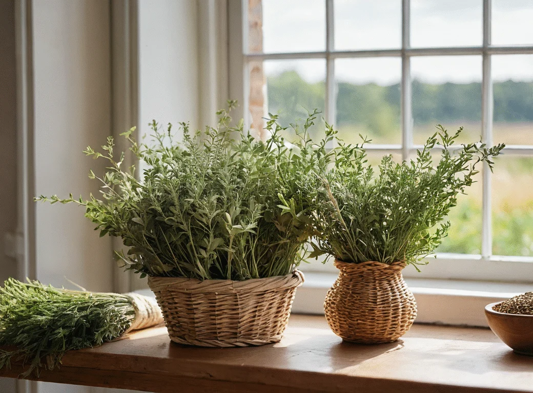 Frische grüne Kräuter im Garten bei Tageslicht — Beitragsbild zu „So binden Sie ein Räucherbündel selbst“