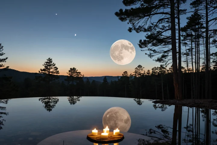 Der Mond am Abendhimmel über einer Landschaft — Beitragsbild zu „Vollmond Ritual: Traditionelle Praxis und moderne Anwendung“