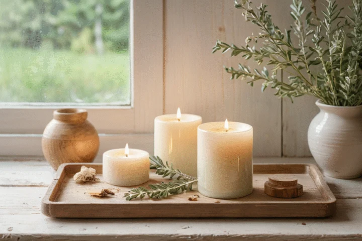 Frische Blüten und eine helle Kerze — Beitragsbild zu „Wie deute ich die Flamme in der Kerzenmagie?“