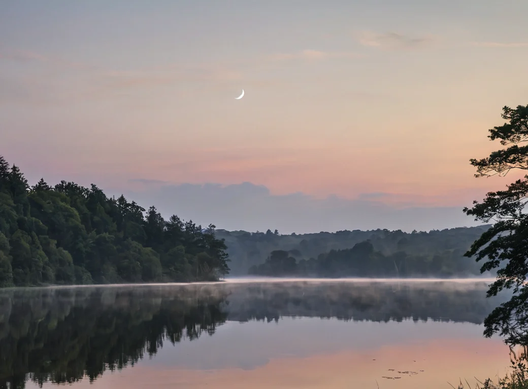 Der Mond am Abendhimmel über einer Landschaft — Beitragsbild zu „Was bedeutet der Neumond in der Natur und Spiritualität?“