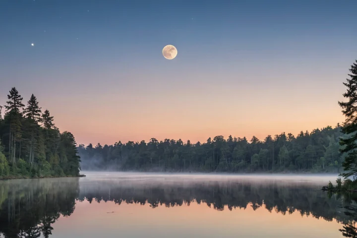 Der Mond am Abendhimmel über einer Landschaft — Beitragsbild zu „Was bedeutet der Vollmond in Natur und Kultur?“